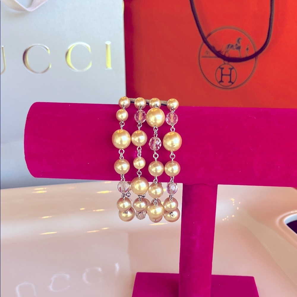 Champagne Pearl & Crystal 4 Strand Bracelet